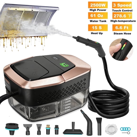 Yuyongr 2500W Steam Cleaner, 3-Level Adjustable Handheld Steam Cleaners, 15s Heat-Up,1.9 Quarts Tank and 14 pcs Accessories,Handle Steamer for Clean, Dirt, Grease, Grout,Floor, Car,Black Gold