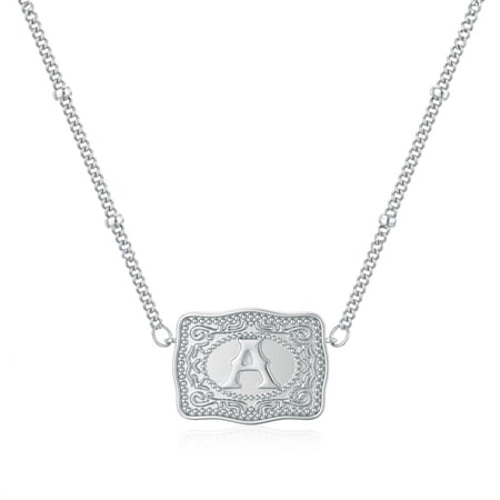 OHOB-COOL Mini Belt Buckle Necklace with Initial – Personalized Western Cow Tag Pendant, Silver Tone Adjustable Jewelry for Valentine's Day Gift