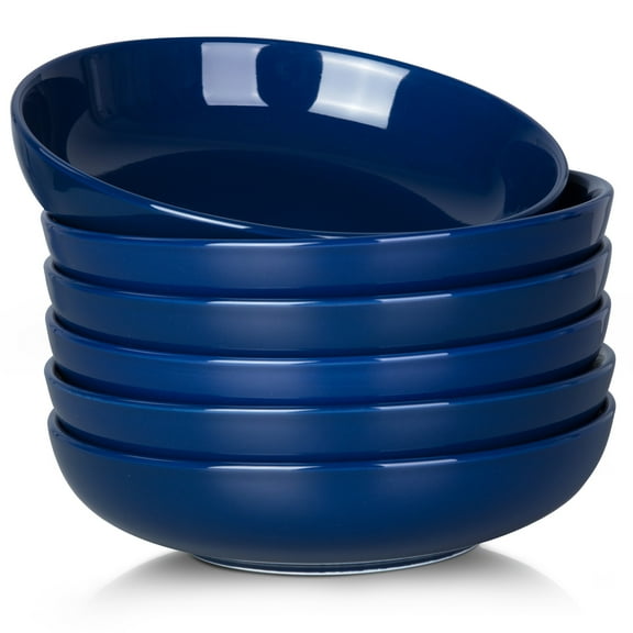 Fashionwu Pasta Bowls Set 6, 22 Ounce Ceramic Salad Serving Bowls, Dark Blue