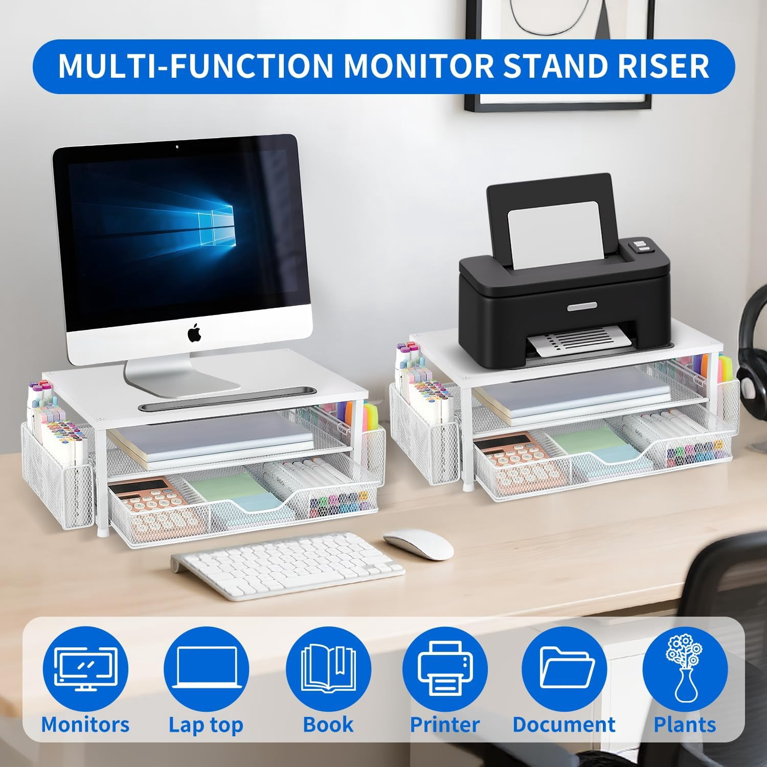 Wood Desk Organizers and Accessories, 2-Tier Computer Monitor Stand with Drawer, Pen Storage & Tablet Phone Holder, Office Desk Accessories, Workspace Desktop Organization for Office Supplies（Brown）