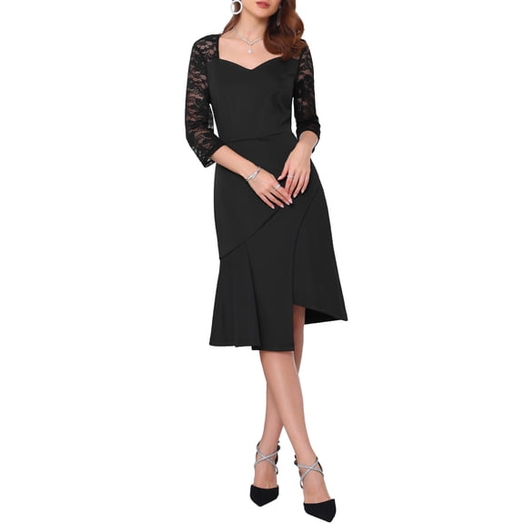 INSPIRE CHIC Women's Lace Formal Dress 3/4 Sleeves Sweetheart Neck Irregular Hem Cocktail Evening Dresses S Black