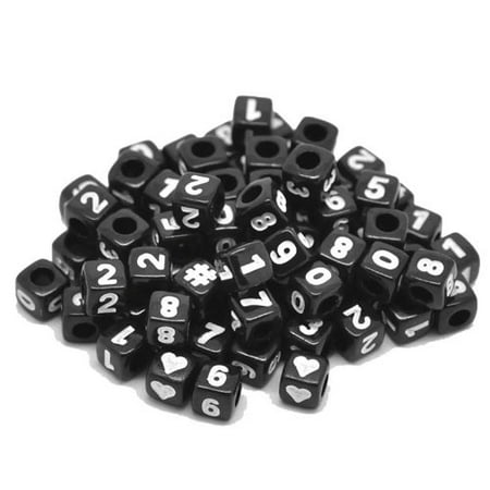 Cube Beads Jet - 250 Mixed White on Black Acrylic Number 0-9 Cube Spacer, Loose Beads, 7mm Approx 1/4 Inch