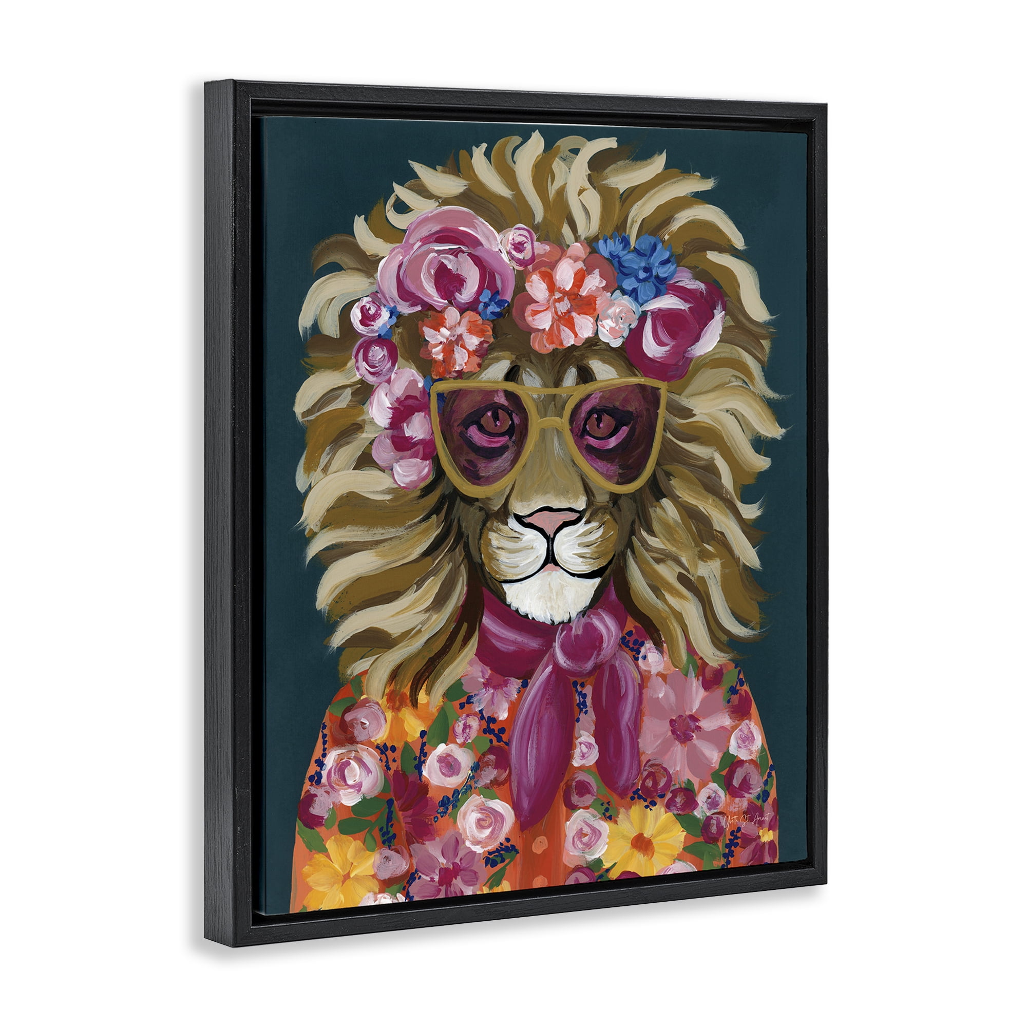 Stupell Industries Miami Living Lion Animals Painting Black Floater Framed Canvas Art Print Wall Art, 25 x 31