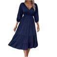 thumbnail image 2 of Blczomt Maxi Holiday Dresses for Women 2025 Tiered 3/4 Sleeve Blue A Line Flowy V Neck Solid Color Casual Dress, 2 of 6