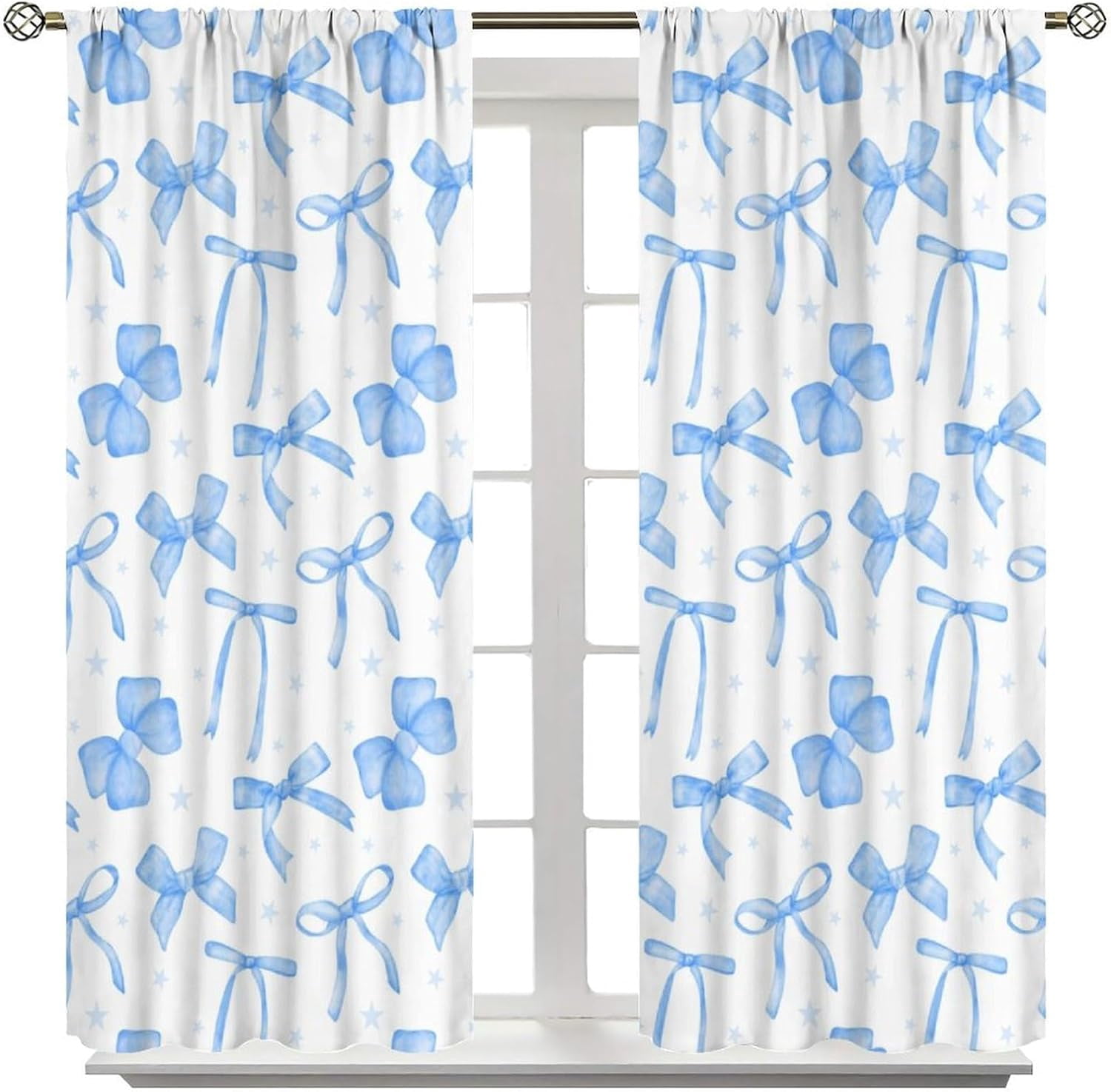 Blue Bow Curtains for Girls, Coquette Ribbon Bow Princess Romantic Aesthetic Window Drapes Curtain for Kids Girls Bedroom Livingroom Bathroom, 63" W X 63" L