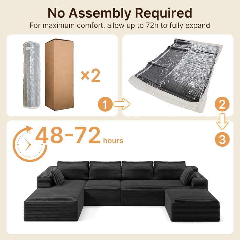 135" U/L Shaped Corduroy Modular Sofa, Frameless Memory Foam Deep Seating with Movable Ottoman, Black