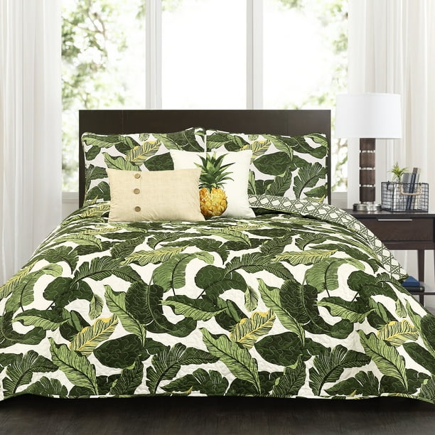 Lush Decor Tropical Paradise Polyester Reversible Quilt, King, Green, 5