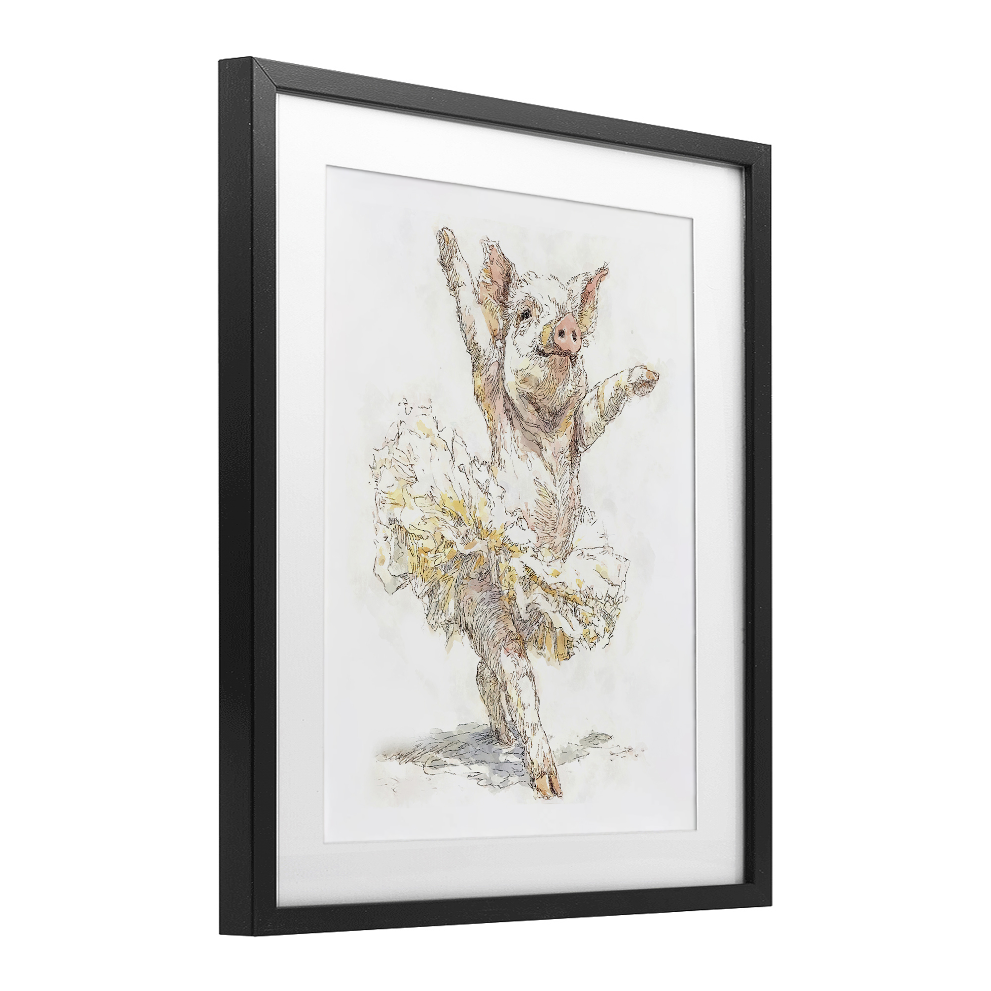 Ballet Pig Tutu Black Framed Print Under Glass, design by Ziwei Li