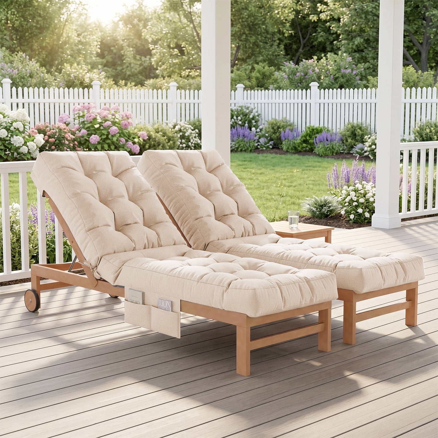 BaPiPro Beige 2-Pack Outdoor Chaise Lounge Cushion with Side Pocket, Triple Non-Slip Fixation, All-Weather Durable & Soft Fabric, Thickened Padding, Ideal for Patio and Poolside Use