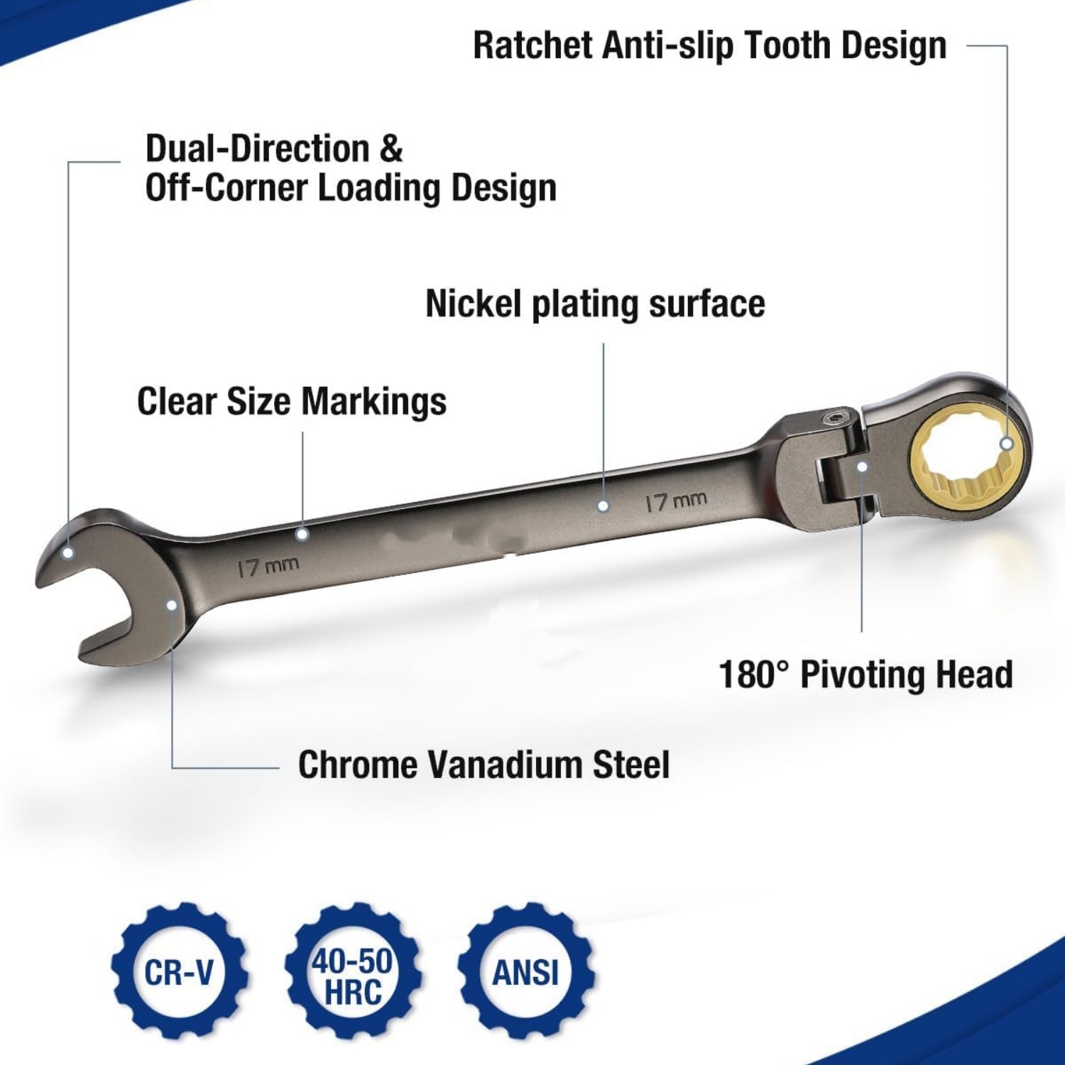 8-piece Flex-Head Ratcheting Combination Wrench Set, Metric 9-17 mm, 72-Teeth, Cr-V Constructed, Nickel Plating with Organization Bag