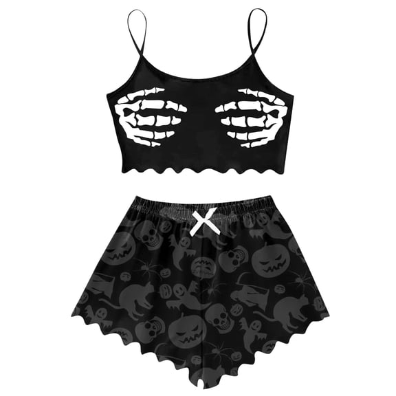 Halloween Womens Outfits Set Skeleton Print Sleeveless Vest Bowknow Shorts Set Casual Home Wear Nightwear Set Funny Sleepwear