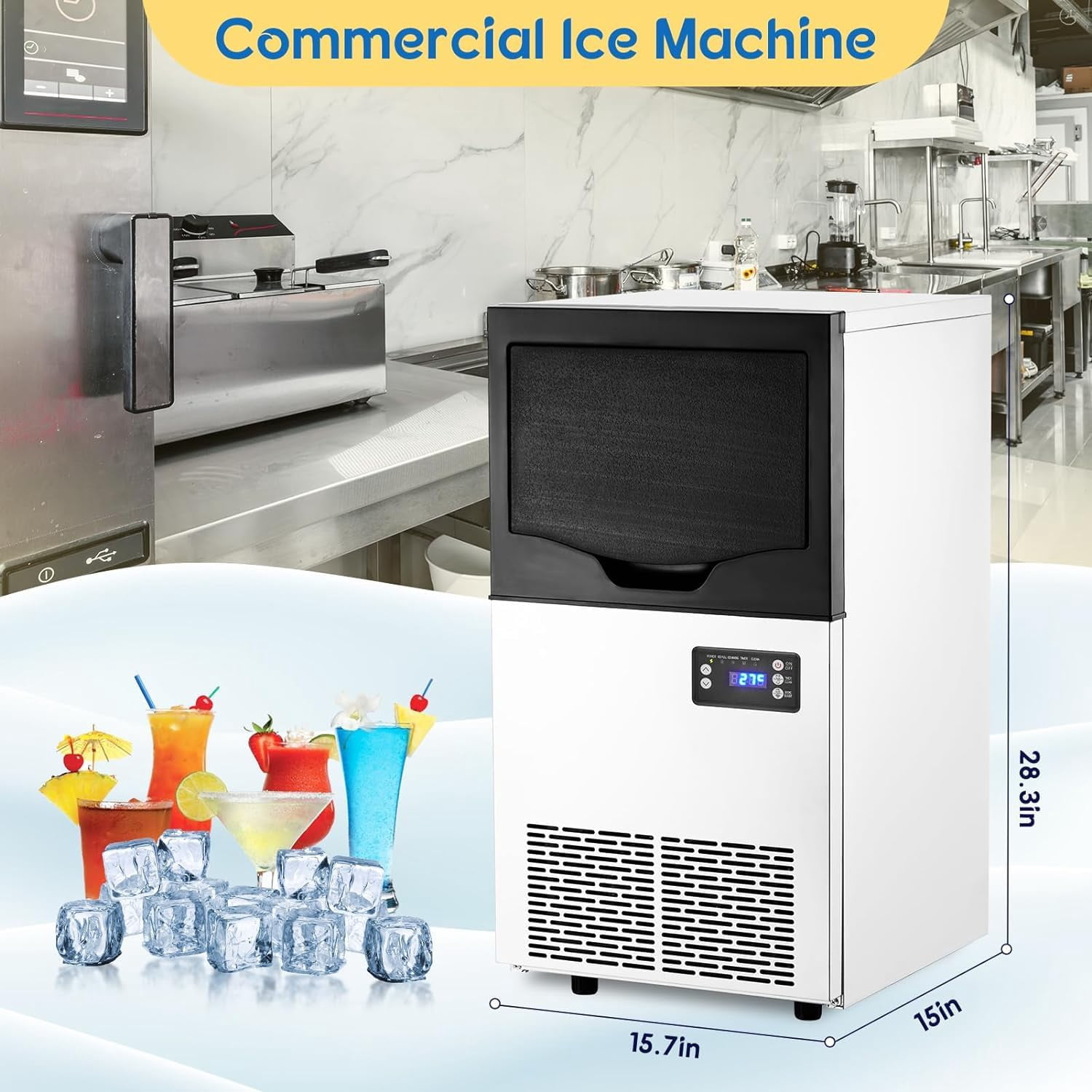 Commercial Ice Maker Machine, 80 lbs/24H Under Counter Ice Maker with 22 lbs Storage, Self-Cleaning, LCD Control, Stainless Steel Freestanding Ice Machine for Restaurant, Bar, Home