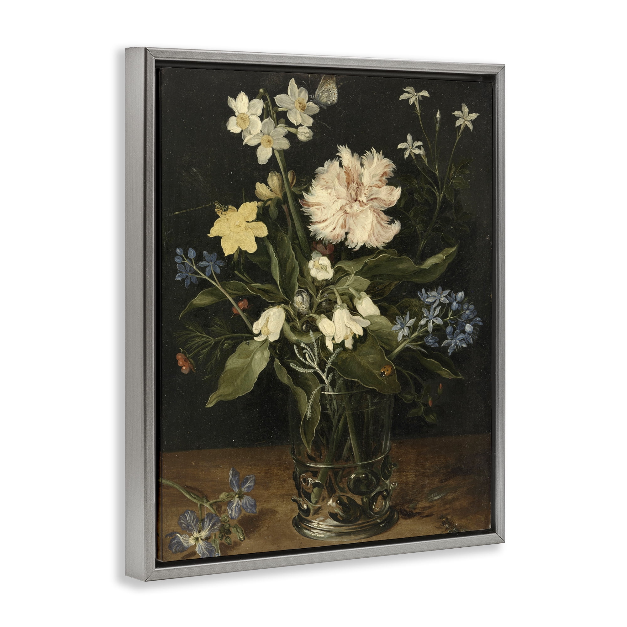 Stupell Industries Chrysanthemum & Flowers in Vase Gray Framed Floater Canvas Wall Art, design by Vintage Hustle