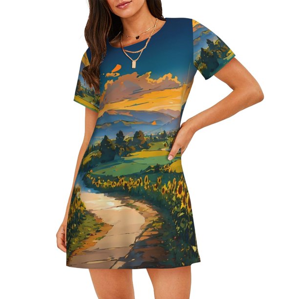 Easygdp Sunflowers At Sunset Camisón de manga corta para mujer, informal, estampado
