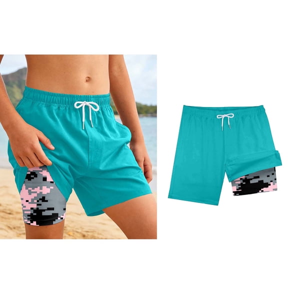 Boy Swimming Trunks with Compression Liner Green Beach Shorts Kids Quick Dry Swimwear Swimming Clothes for Boys 7-8 Years