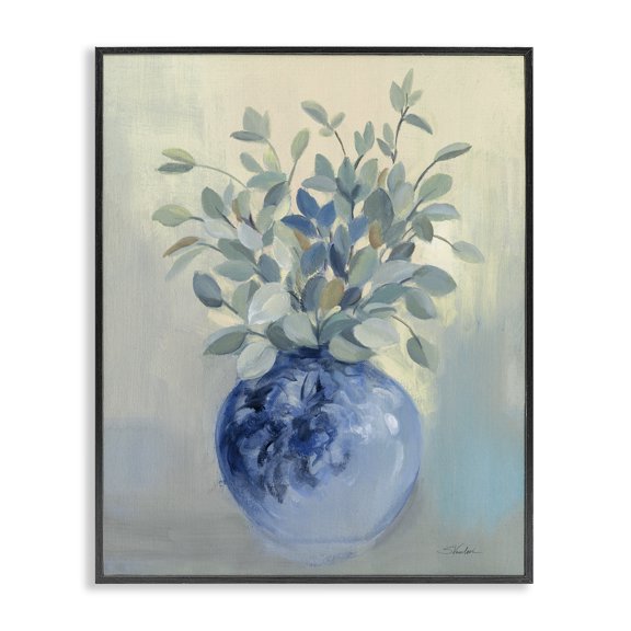 Stupell Industries Shabby Chic Wild Botanicals Plant Sprigs Rounded Blue Bowl Black Framed Giclee Art, 11 x 14, by Silvia Vassileva