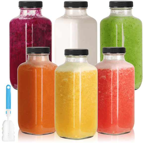 IBEEDOW 16oz Glass Juice Bottles with Lids, 6 Pack Reusable Glass Drink Bottles Juice Containers, Juice Drinking Jars Water Bottles with Brush, BPA Free, Leak-Proof