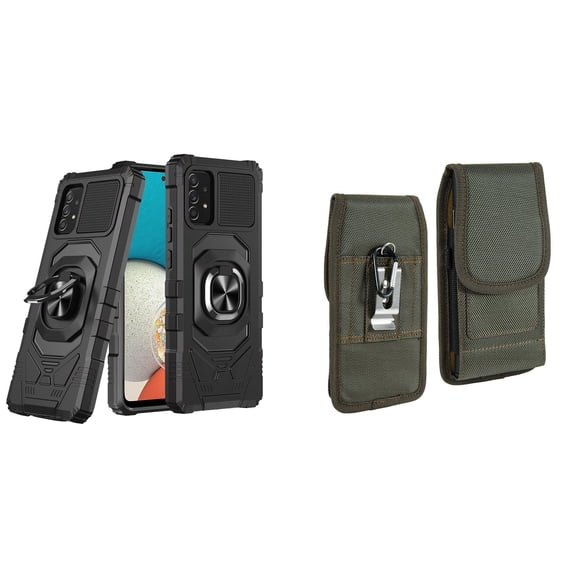 Case with Belt Holster Bundle for Samsung Galaxy A53 5G: Heavy Duty Shield Cover (Black) and Vertical Rugged Nylon Phone Pouch (Midnight Green)