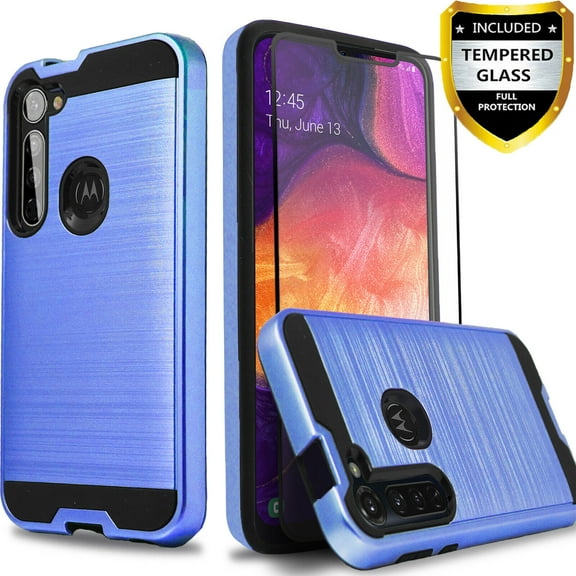 Motorola Moto G Power Phone Case, 2-Piece Style Hybrid Shockproof Hard Case Cover with Temerped Glass Screen Protector (Blue)