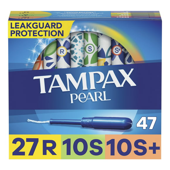 Tampax Pearl Tampons Trio Multipack with LeakGuard Braid, Regular/Super/Super Plus Absorbency, 47 Ct