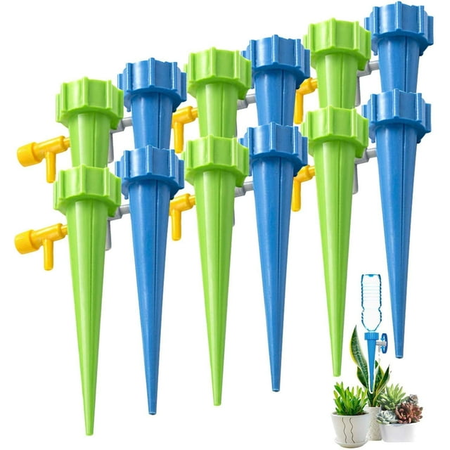 Self Watering Spikes, Slow Release Control Valve Switch Automatic Irrigation Watering Drip System-12Pack(6 green and 6 blue)$12Pcs Self Watering Spikes Adjustable Plant Watering Spikes Automatic Watering Devices with Slow Release Control Valve Switch for Outdoor Indoor Plants$Self Watering Devices, 12 Pcs Automatic Irrigation Spikes to water Plant, Adjustable Water Volume Drip System for Holiday Plant Watering
