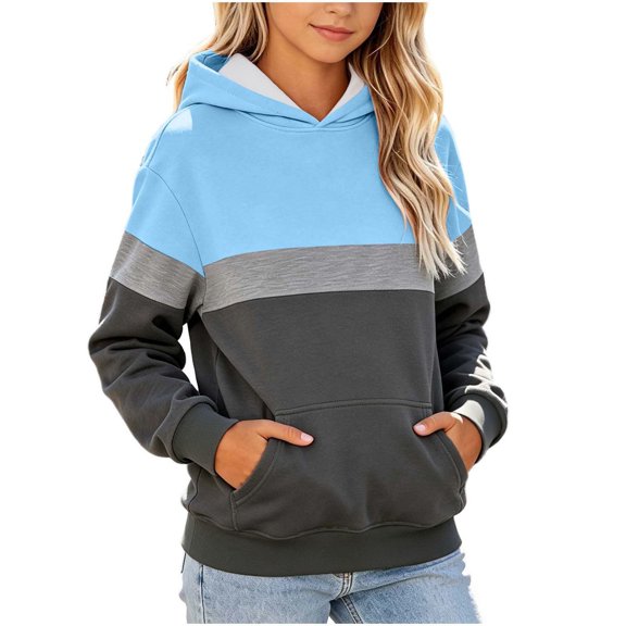Girls Color Block Hoodie - Lightweight Hooded Long Sleeve Pullover Tops with Pocket Casual Fall Sweatshirt with Hood Daily Wear, 3-4 Years