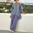 thumbnail image 4 of Pounoo Women's Outfits Striped Linen Co Ord Tops and Pants Beach Vacation Lightweight Airy Relaxed Fit Casual Sets Gift, 4 of 5