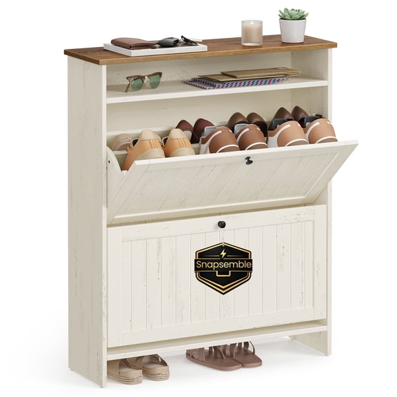 SONGMICS HOME Snapsemble Superfast Assembly Shoe Cabinet, 2 Flip Drawers, Cloud White and Warm Brown