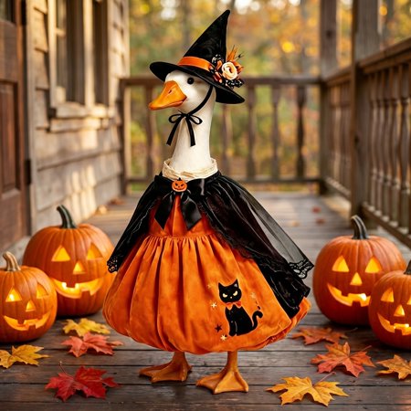Halloween Witch Themed Dress And Hat Set For 19 To 23 Inch Porch Goose Statue Fall Yard Decor With Black Cat And Pumpkin Motifs