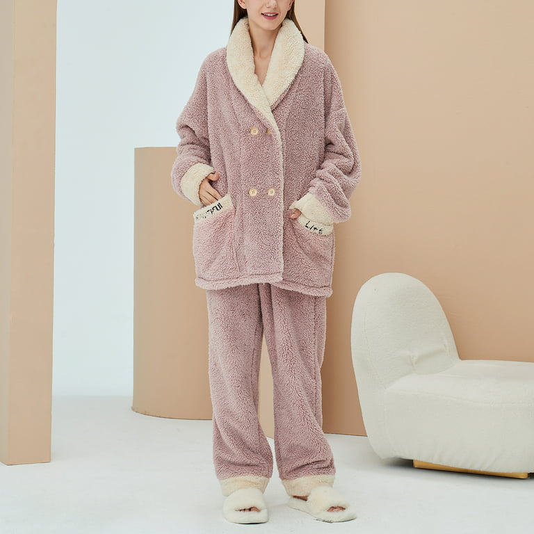 Women's Long Sleeve Shirt Pants Set Cute Fuzzy Fleece Pajama Set 2