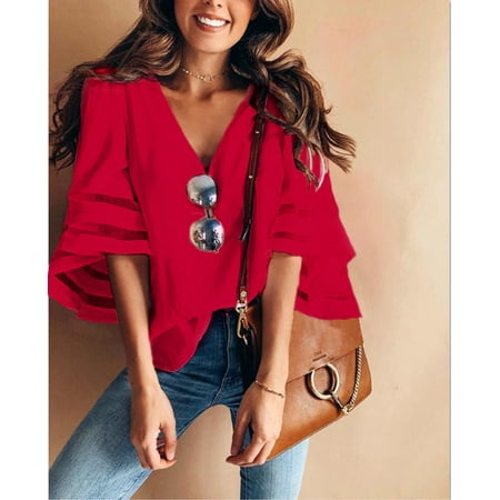 - Casual Womens T shirt Chiffon Top V-Neck 3/4 Bell Sleeve Blouse Lace Patchwork Loose Shirt