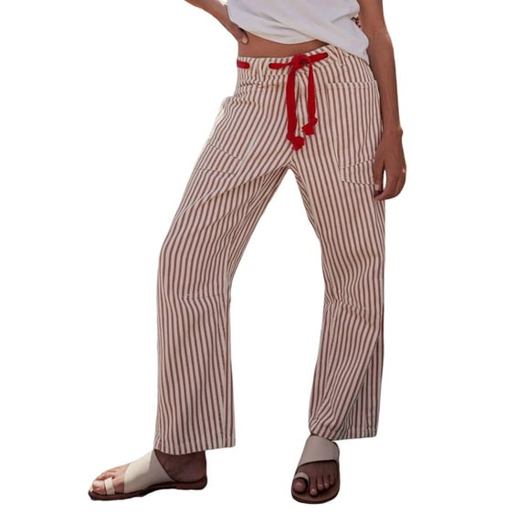 Women'S Patchwork Design Jeans Loose Straight Drawstring Pants Red XL