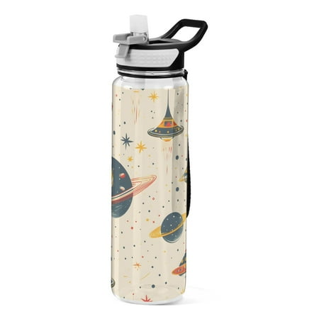 

Planets Stars Ufos Transparent Sports Water Bottle with Straw BPA Free Tritan 32oz for Gym Camping