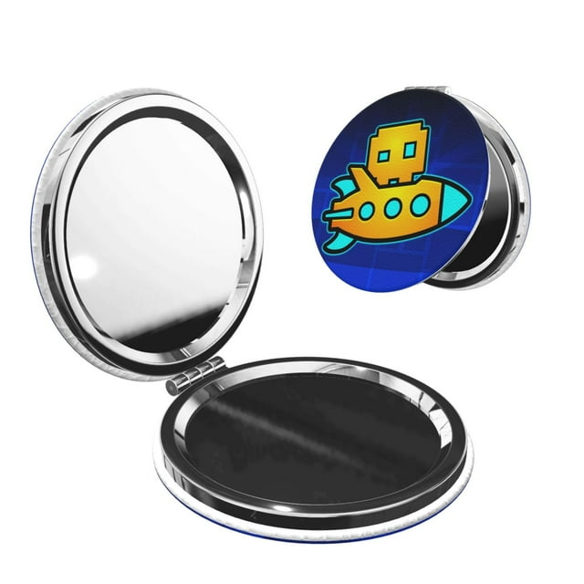 Pofeuu Geometry Dash for Portable Pocket Makeup Mirror PU Cover Compact Travel Mirror with Normal and Magnifying Double Sided Glass-Round Shape