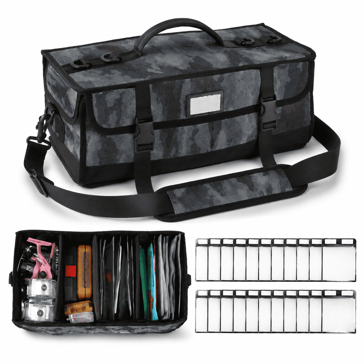 Black Soft Plastic Fishing Bait and Tackle Bag with 20 Pouches