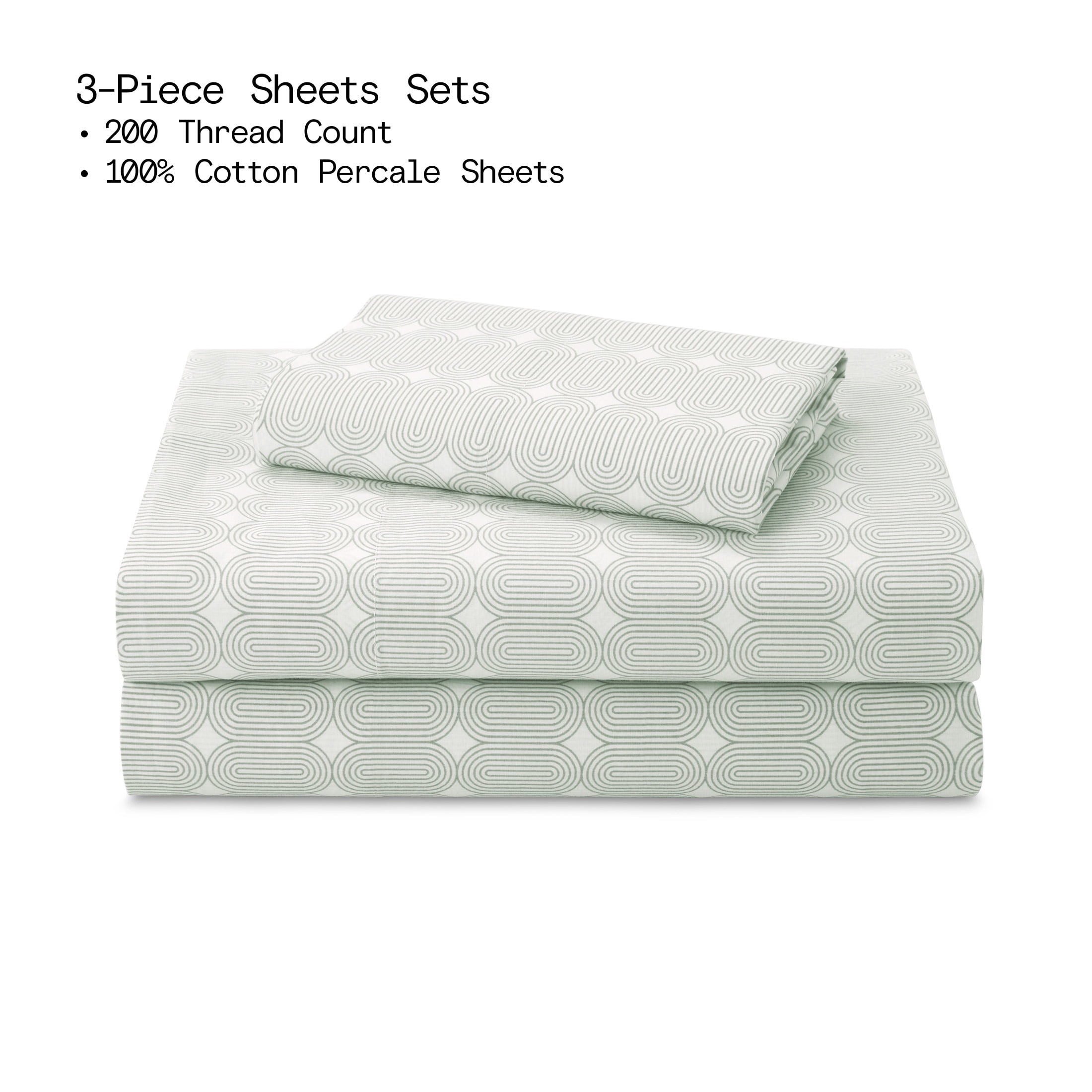 Beautiful Bedding Collection by Drew Barrymore Twin 3-Piece Sheet Set, Sage Green Geometric, 100% Cotton Percale