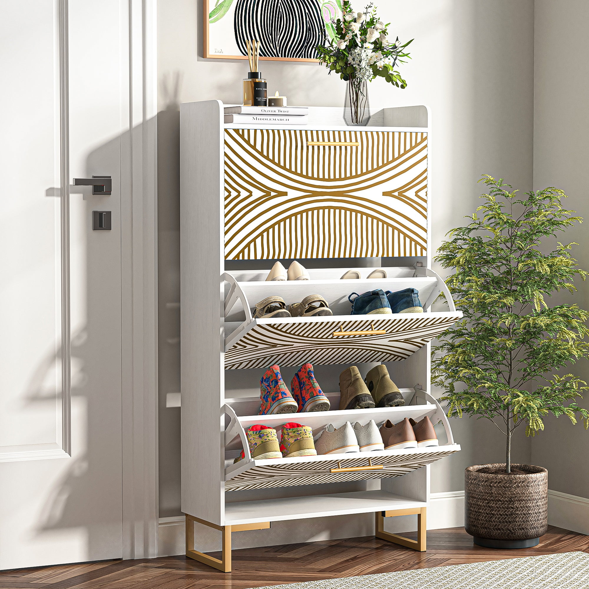 YYAo Entryway Shoe Cabinet, Shoes Storage Organizer Narrow Shoe Storage Rack with Flip Doors, Tipping Bucket Shoe Cabinet for Closet, Living Room, Beige YYAo Entryway Shoe Cabinet, Shoes Storage Organizer Narrow Shoe Storage Rack with Flip Doors, Tipping Bucket Shoe Cabinet for Closet, Living Room, Beige