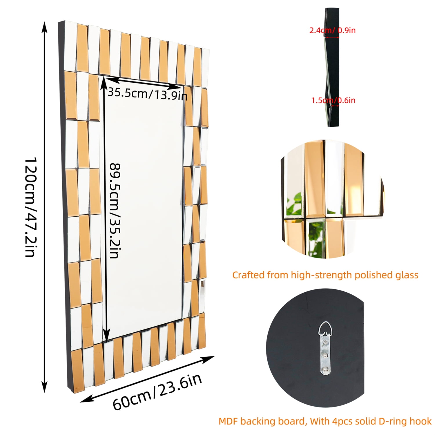 LUVODI Decorative Wall Mirror 3D Beveled Edge Art Hanging Mirror for Home Living Room 47x24in Square
