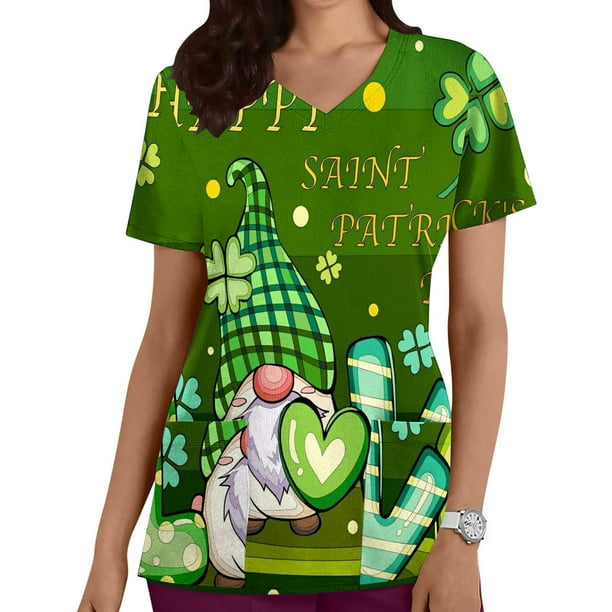 Fiudx Camisas de Mujer Top de Enfermera con Cuello En V y Manga Corta con Bolsillo Estampado Del Día de San Patricio para Mujer