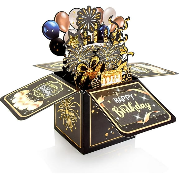SwiftPulse Surprise Pop Up Happy Birthday Cards, Lovely 3D Birthday Card for Adults and Kids with Envelopes, Unique Design Handmade Foldable Greeting Cards for Daughter, Son, Mom, Dad, Friend(Black)