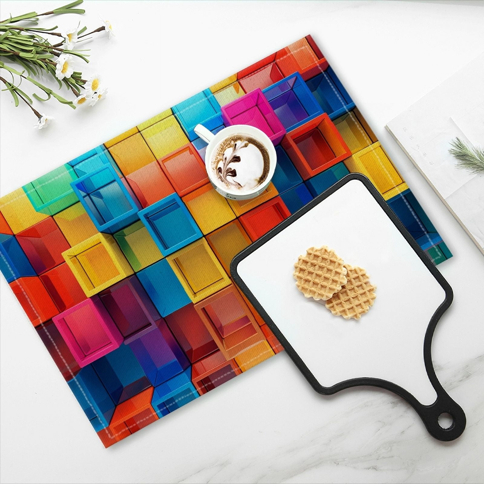 BaHomeck placemats Set of 4 Vibrant Color Blocks Arranged Neatly Together Cotton Linen rectangle Placemats for Kitchen Dining Table Indoor,Outdoor,18*12inch