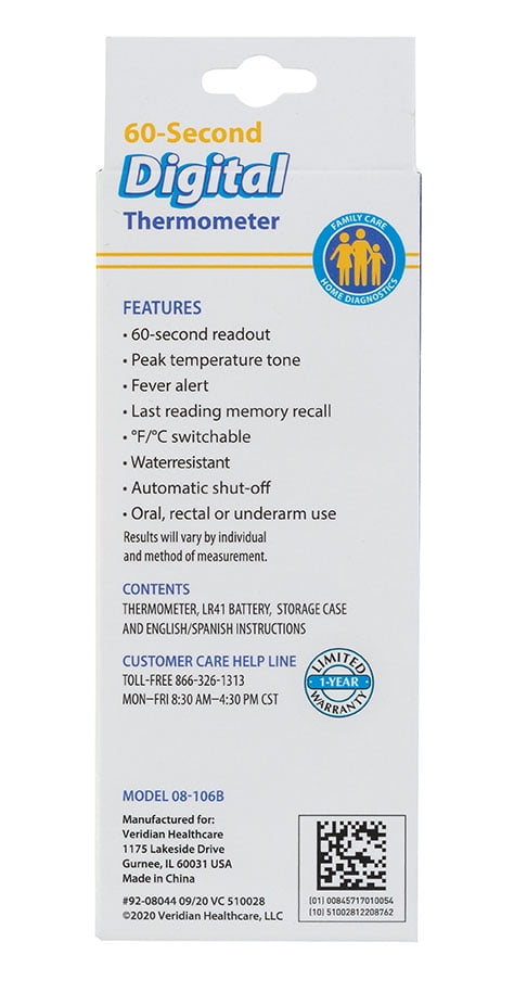 Veridian 60-Second Digital Thermometer | Fever Alert | Clinical Rigid Tip | Case & Probe Covers