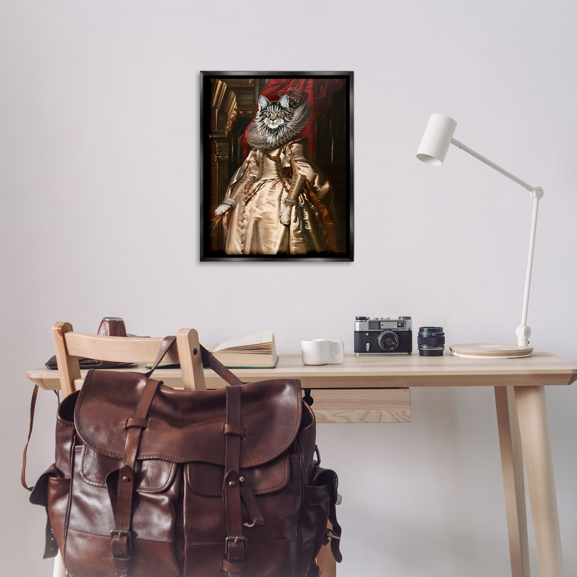 Stupell Industries Renaissance Cat Portrait History & Language Painting Black Floater Framed Canvas Art Print Wall Art, 25 x 31