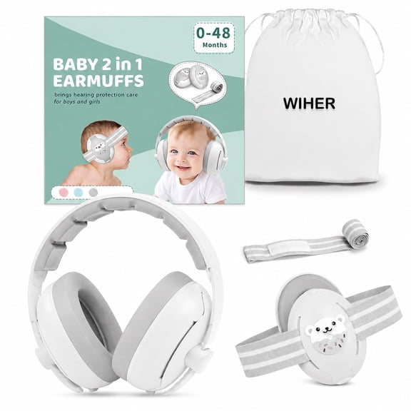 Wiher Baby Ear Muffs, 2-in-1 Baby Headphones for Noise Protection, Adjustable Noise Cancelling Headphones for Children 0-48 Months, Dual Wearing for Sleep, Plane, Outdoor Travel, White