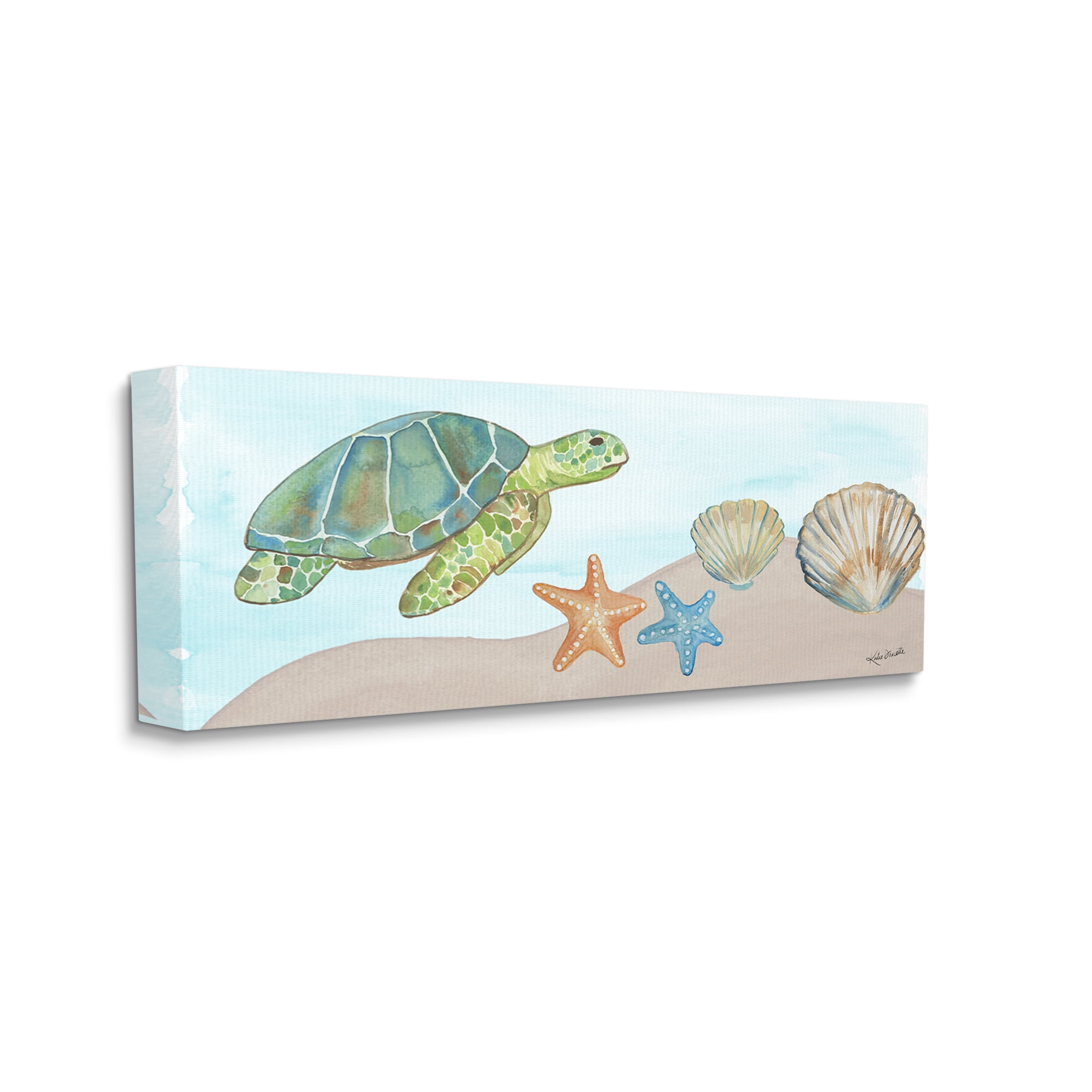 Stupell Industries Green Turtle Swimming Starfish Shells Sea Life Painting Gallery Wrapped Canvas Print Wall Art, Design by Katie Doucette