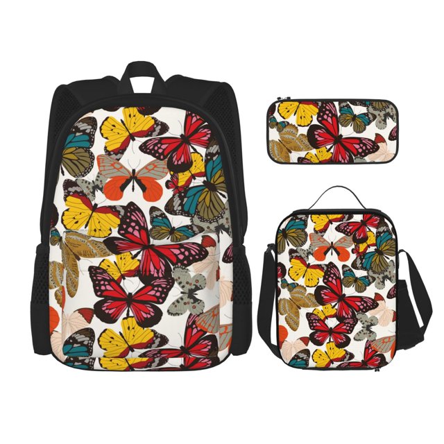Disketp Retro Floral Butterfly Mochila Estampada de Gran Capacidad con Lonchera y Estuche, Set de 3 Piezas para Estudiantes