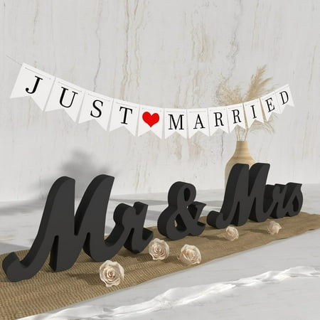 KINNO Mr and Mrs Sign & Just Married Banner,Mr & Mrs Signs for Wedding Table,Large Wooden Letters for Sweetheart Table,Photo Props Wedding Decorations for Anniversary,Black