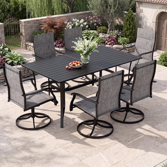 LOGYAT 7-Piece Patio Dining Set, 6 Mid-Back Padded Textilene Swivel Rocking Chairs, Rectangular Black Metal Slat Table with Umbrella Hole, All-Weather Furniture for Garden, Deck, Backyard
