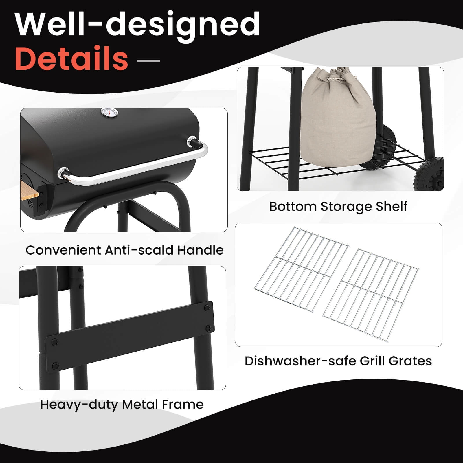 Costway Barrel Charcoal Grill with Foldable Side Table Built-in Thermometer & Storage Shelf
