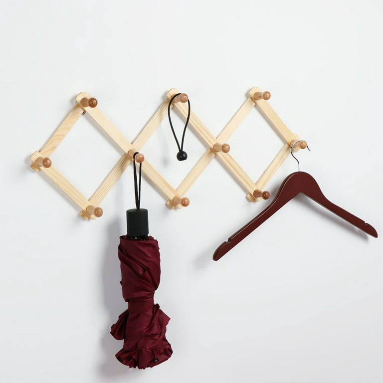 Wood Expandable Peg Rack- Trianu Multi-Purpose Accordion Wall Hangers with 10 Hooks for Hats, Coat, Coffee Mugs, Scarf, Jewelry Storage, Size: 12.59 x